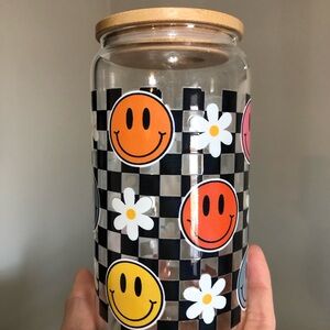 Smiley Face Checkered Glass Jar